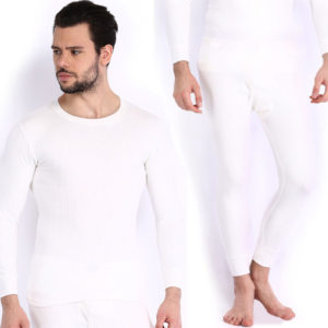 Oswal Solid White Thermal Set of Top & Lower for Men Free Socks