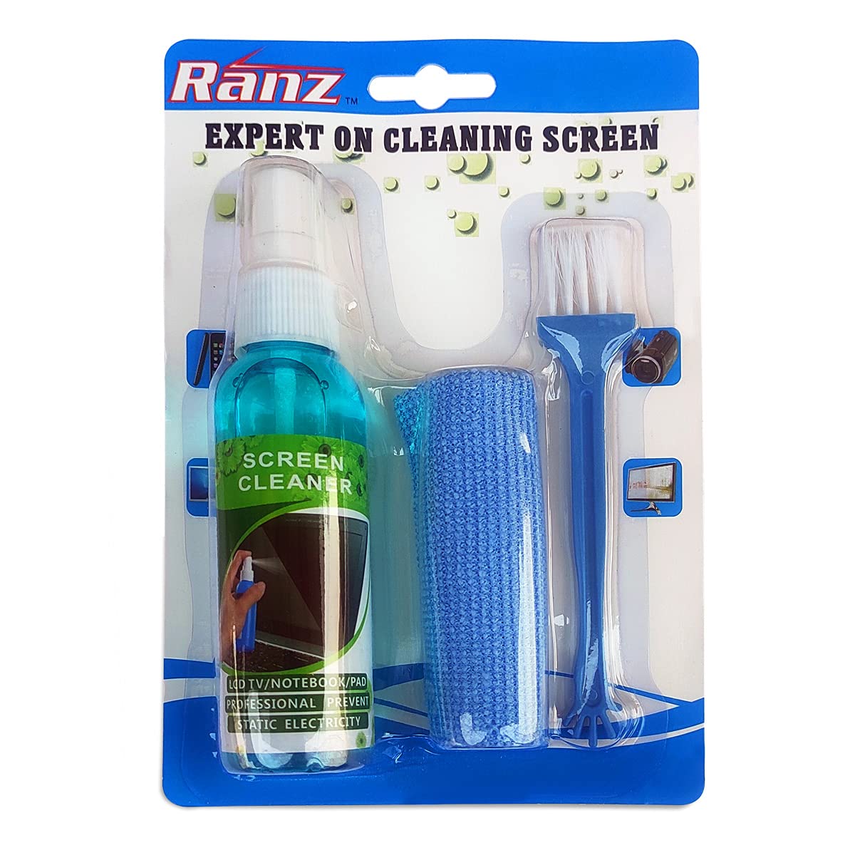 3-in-1 screen cleaner with cloth and brush for electronics.