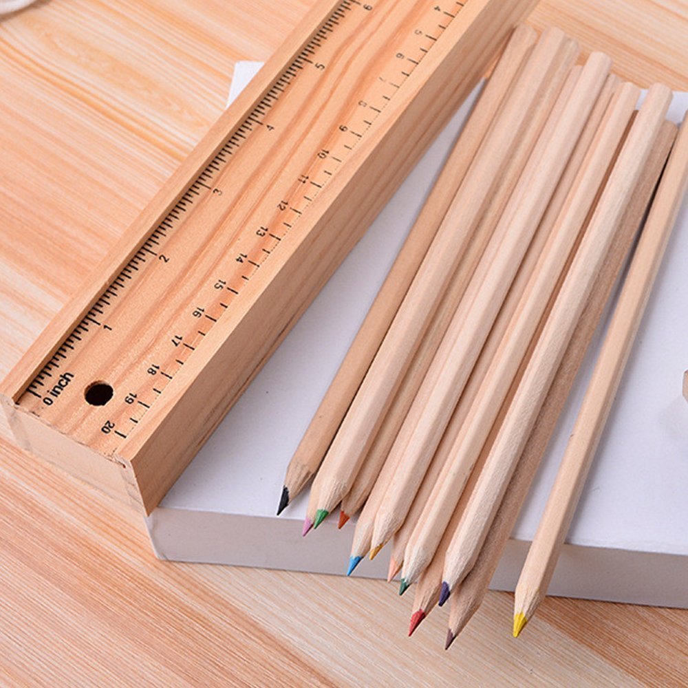 Wooden pencil box with 12 crayons.