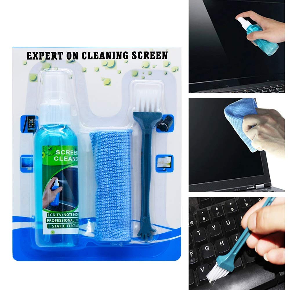 3-in-1 screen cleaner with cloth and brush for electronics.